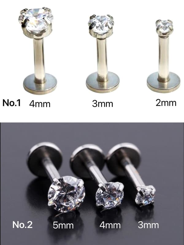 3 st Labret Piercing med sten, Kirurgiskt Stål. No.1, längd: 10mm
