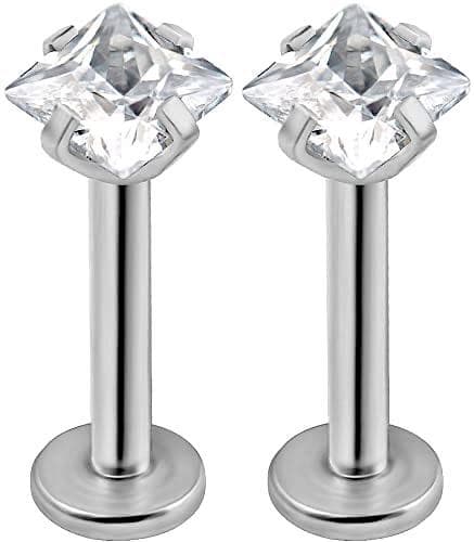 3 st Labret Piercing med sten, Kirurgiskt Stål, Fyrkat.