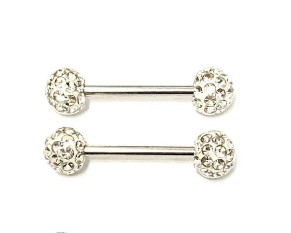 2 st barbell Piercing med Kristaller runtom, 6mm kulor
