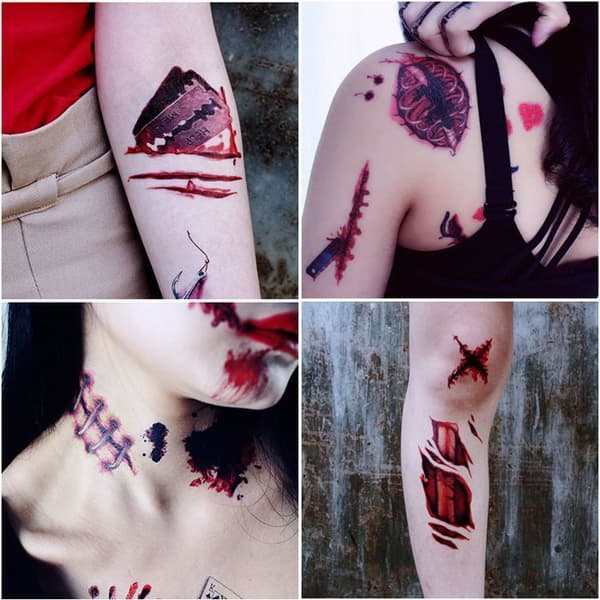 Halloween tatuering, 24 ark tillfälliga ärrtatueringar - Halloween Zombie tillfälliga tatueringsklistermärken med falskt blod