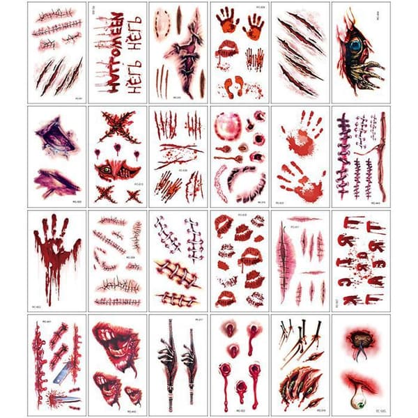 Halloween tatuering, 24 ark tillfälliga ärrtatueringar - Halloween Zombie tillfälliga tatueringsklistermärken med falskt blod