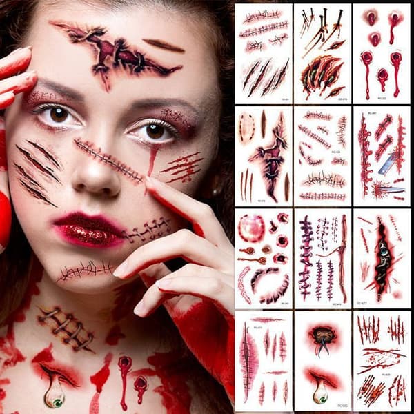 Halloween tatuering, 24 ark tillfälliga ärrtatueringar - Halloween Zombie tillfälliga tatueringsklistermärken med falskt blod