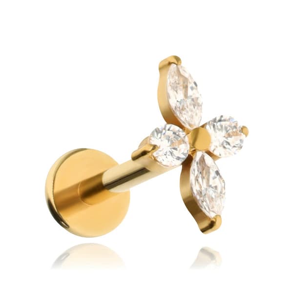 Titaaninen labret-korvakoru valkoisilla zirkoneilla - kultaa