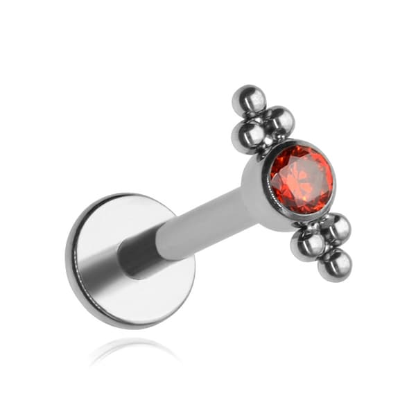 Titaaninen labret-korvakoru punaisella zirkonilla ja palloilla - hopea 1,2/8