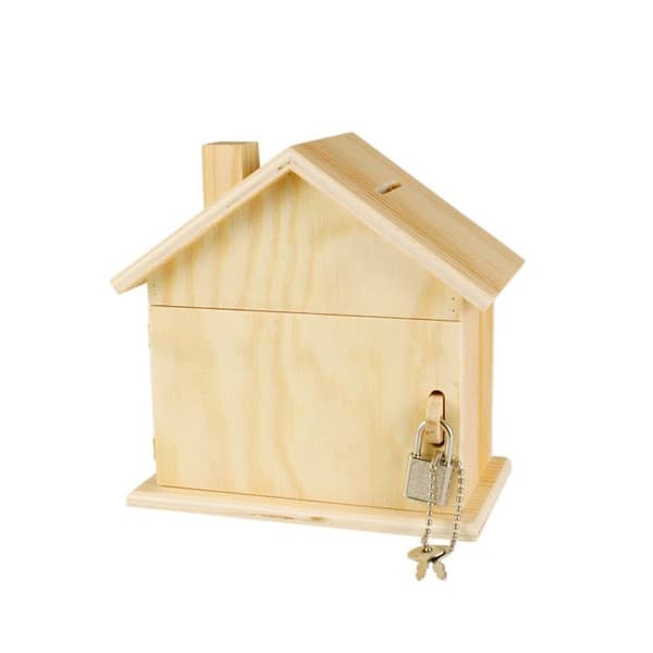 Sparbössa i trä formad som ett hus med hänglås 15 x 8 x 14,5 cm