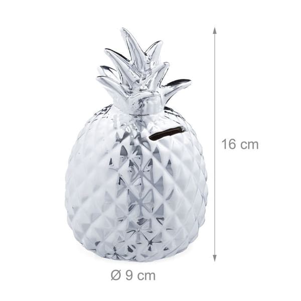Relaxdays Spargris Ananas Pig Deco Box Pengar Sparmynt Keramiskt lås HxD: 16 x 9 cm, Silver
