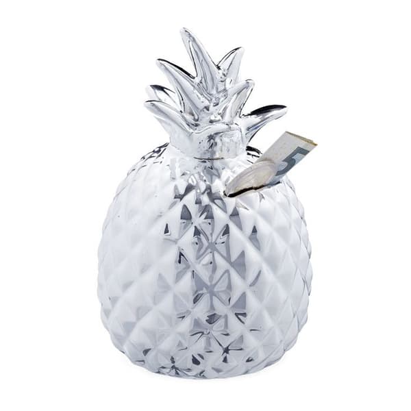Relaxdays Spargris Ananas Pig Deco Box Pengar Sparmynt Keramiskt lås HxD: 16 x 9 cm, Silver