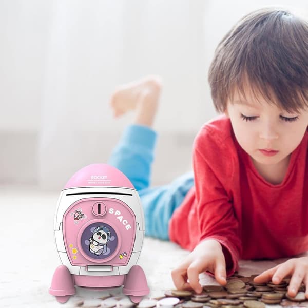 OBOSOE Rocket Coin Bank |, Rahapurkki Rabbit Astronaut -kuviolla, astronauttin avainkytkin ja hienot Modgal-tietokonetarrat