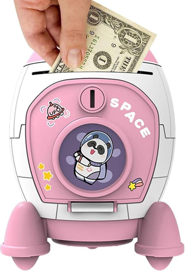 OBOSOE Rocket Coin Bank |, Rahapurkki Rabbit Astronaut -kuviolla, astronauttin avainkytkin ja hienot Modgal-tietokonetarrat