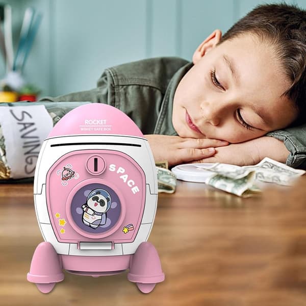 OBOSOE Rocket Coin Bank |, Rahapurkki Rabbit Astronaut -kuviolla, astronauttin avainkytkin ja hienot Modgal-tietokonetarrat
