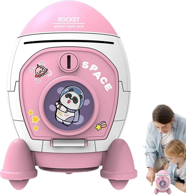 OBOSOE Rocket Coin Bank |, Rahapurkki Rabbit Astronaut -kuviolla, astronauttin avainkytkin ja hienot Modgal-tietokonetarrat