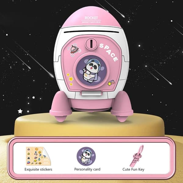 OBOSOE Rocket Coin Bank |, Rahapurkki Rabbit Astronaut -kuviolla, astronauttin avainkytkin ja hienot Modgal-tietokonetarrat