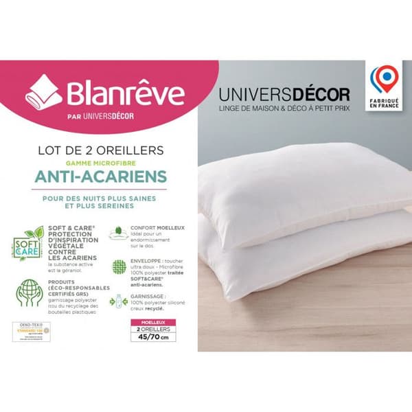 Set med 2 kuddar "Douceur" Mikrofiberserie 45 x 70 cm med Soft &amp; Care Anti-mite behandling