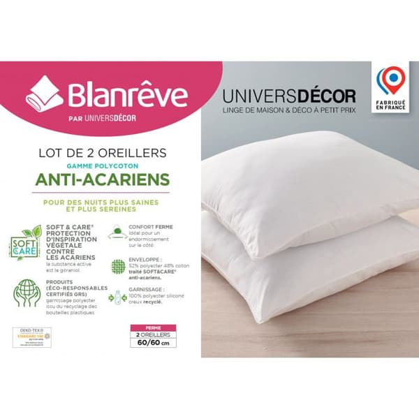 Set med 2 kuddar 60 x 60 cm Blanrêve "Comfort" Polycotton Serie med anti-kvalsterbehandling Soft &amp; vård