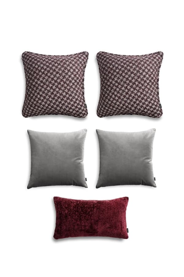 Vinröd och grå set med 5 prydnadskuddar för sovrummet med houndstooth-mönster