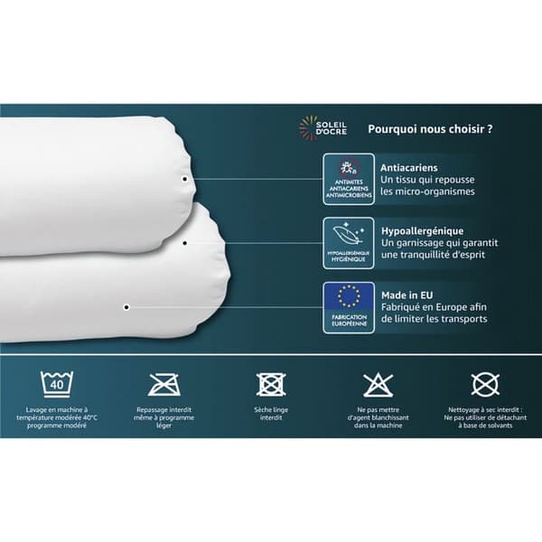 Traversin Anti-Acariens LUXE bredd 90 cm, av Soleil d'ocre