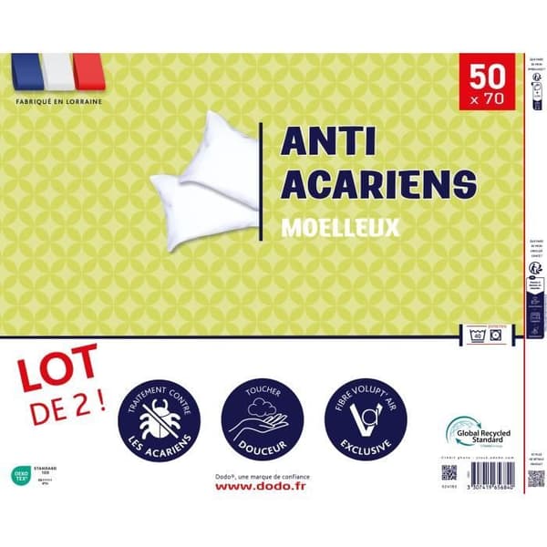 Set med 2 anti-kvalsterkuddar 50x70 cm - 100% polyester - DODO