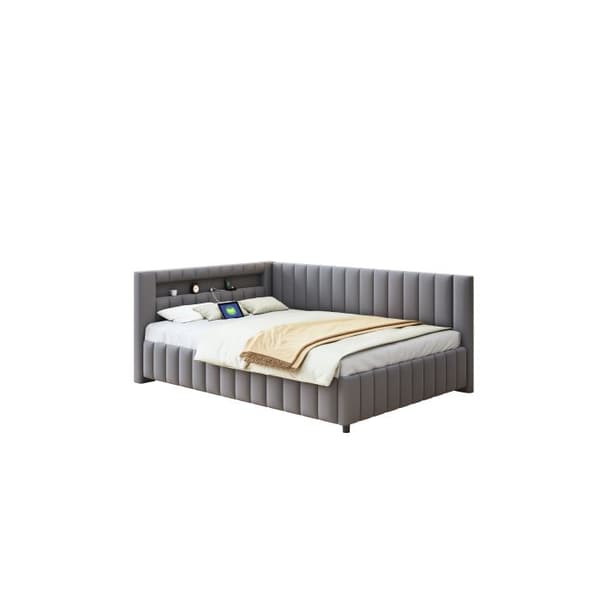 Sängsoffa 140x200, täckt med sammet, med LED-belysning och USB-laddningsuttag, med grå ryggstöd