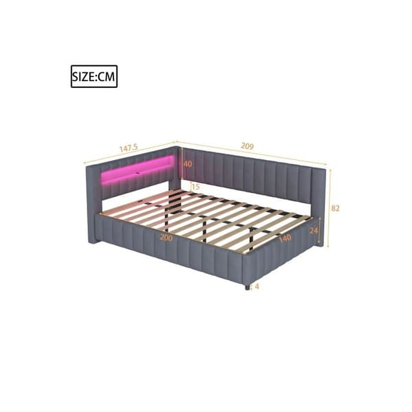 Sängsoffa 140x200, täckt med sammet, med LED-belysning och USB-laddningsuttag, med grå ryggstöd