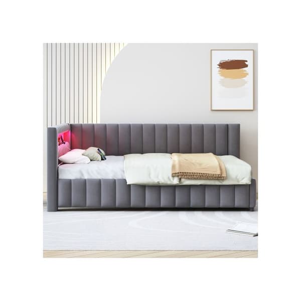 Sängsoffa 140x200, täckt med sammet, med LED-belysning och USB-laddningsuttag, med grå ryggstöd