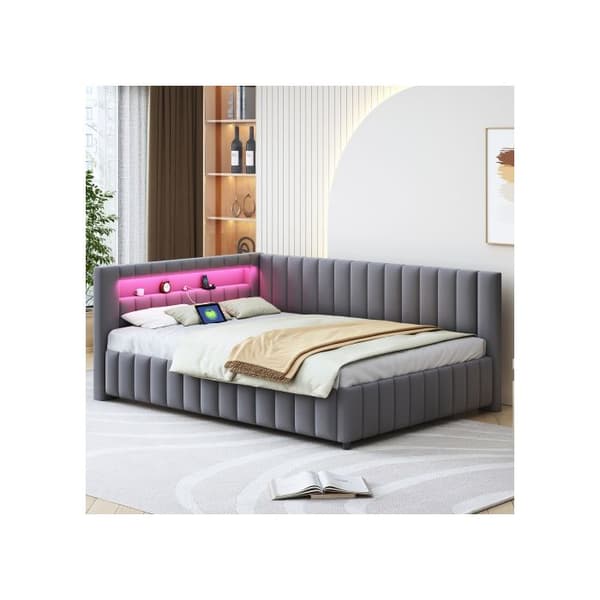 Sängsoffa 140x200, täckt med sammet, med LED-belysning och USB-laddningsuttag, med grå ryggstöd