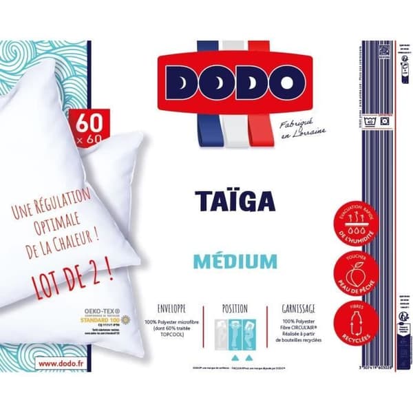 DODO Set av 2 Kuddar 60x60 Komfort Medium Kudde Syntetisk TAÏGA Ultra Mjuk och Andningsbar Tillverkad i Frankrike