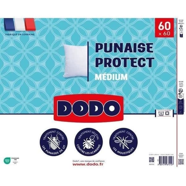 DODO medium kudde 60x60 cm - Skydd mot vägglöss och dammkvalster - 550 gr - Vit - Tillverkad i Frankrike