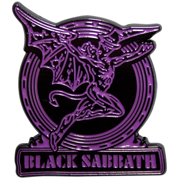 Black Sabbath Pin Badge: Purple Text Logo & Daemon