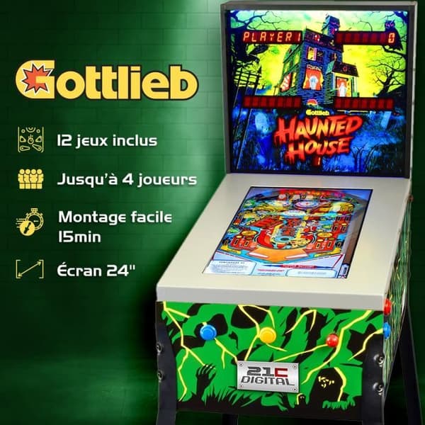 Digital flipper med 24" LCD-skärm på stativ - 12 spel inkluderade - 4 spelare - Nudge och Tilt - Typ arkadmaskin