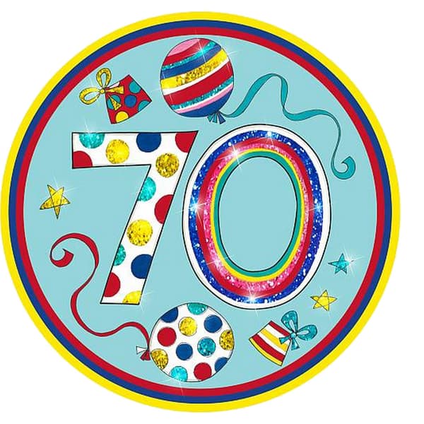 Rachel Ellen Glitter 70th Badge Blue/Yellow/Red One Size