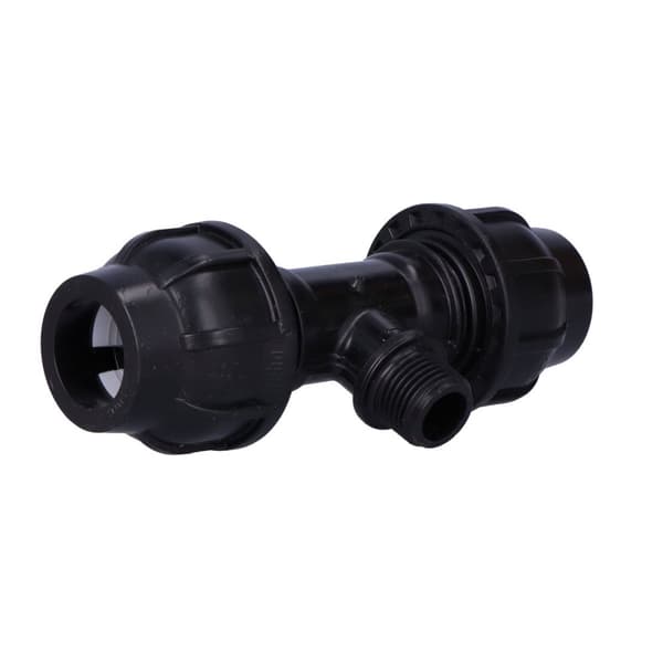 PP kompressions-T-stykke 90 grader 25x1/2"x25 GZ udvendig gevind PN16, til PE-rør, sort