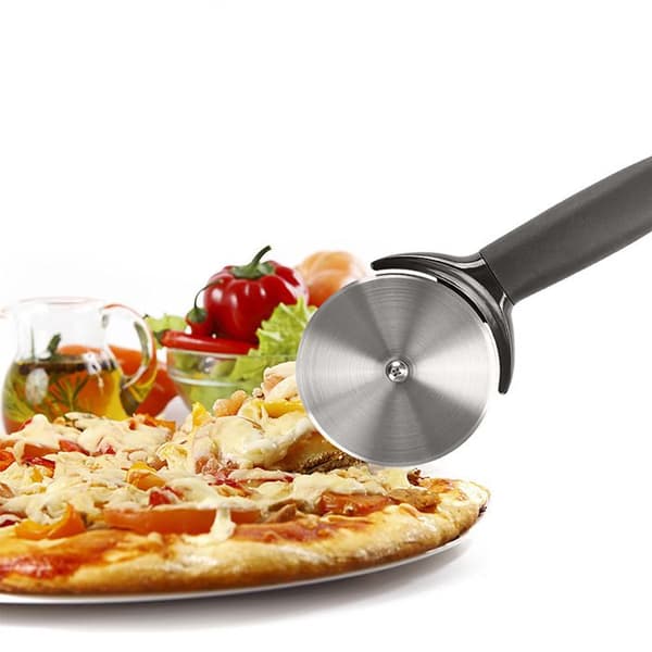 Pizzahjul - pizzaskärare, pizzaskärare med silikonhandtag och blad i rostfritt stål med skyddskåpa