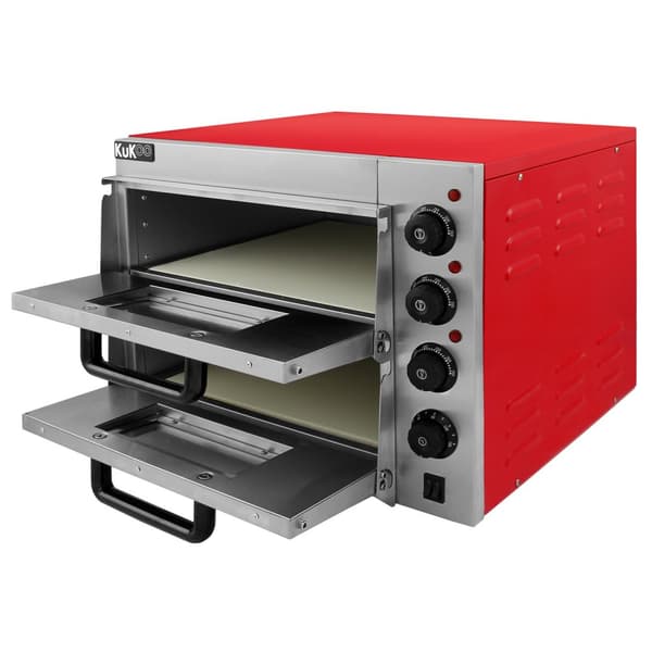 40cm Liten Dubbel Elektrisk Pizzaugn i Rostfritt Stål Fristående Miniugn med Pizzasten 2 Hyllor Timer 50 - 350 °C Röd | Matlagning | MonsterShop