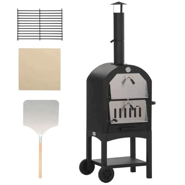 Rootz 2-i-1 udendørs pizzaovn med ruller - Grillovn med beskyttelsesdæksel - Pizzaskovl - 2 grillnet - Grillvogn med skorsten - 3-lags brændeovn til g