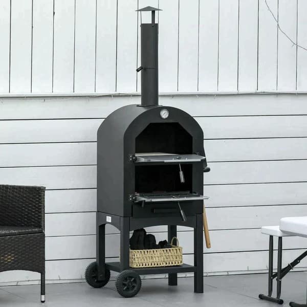 Rootz 2-i-1 udendørs pizzaovn med ruller - Grillovn med beskyttelsesdæksel - Pizzaskovl - 2 grillnet - Grillvogn med skorsten - 3-lags brændeovn til g