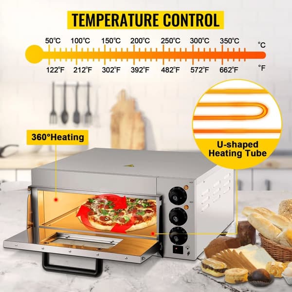 1300W 14-tums kommersiell bänkpizzaugn, 50-350°C justerbar temperatur, 0-60 minuter tidsinställning, jämn uppvärmning