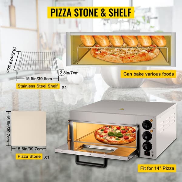 1300W 14-tums kommersiell bänkpizzaugn, 50-350°C justerbar temperatur, 0-60 minuter tidsinställning, jämn uppvärmning