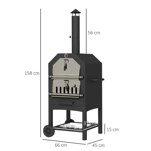 Rootz 2-i-1 Udendørs Pizzaovn - Med Pizzasten - Askrum - 2x Grillrist - Termometer - Rustfast - Sort - 66L x 45W x 158H cm