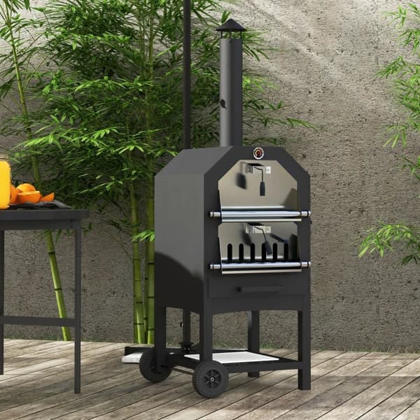 Rootz 2-i-1 Udendørs Pizzaovn - Med Pizzasten - Askrum - 2x Grillrist - Termometer - Rustfast - Sort - 66L x 45W x 158H cm