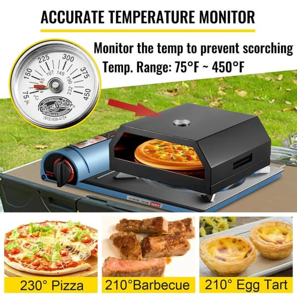 12" 24-232°C bärbar utomhus pizzaugn för ved eller gas, kompletta tillbehör, exakt temperaturövervakning