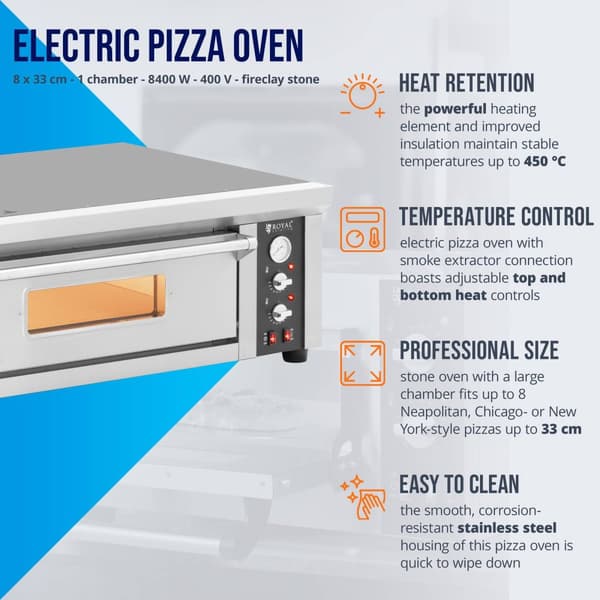Royal Catering - Elektrisk pizzaugn - 8 x 33 cm - 1 kammare - 8400 W - 400 V - Chamottesten