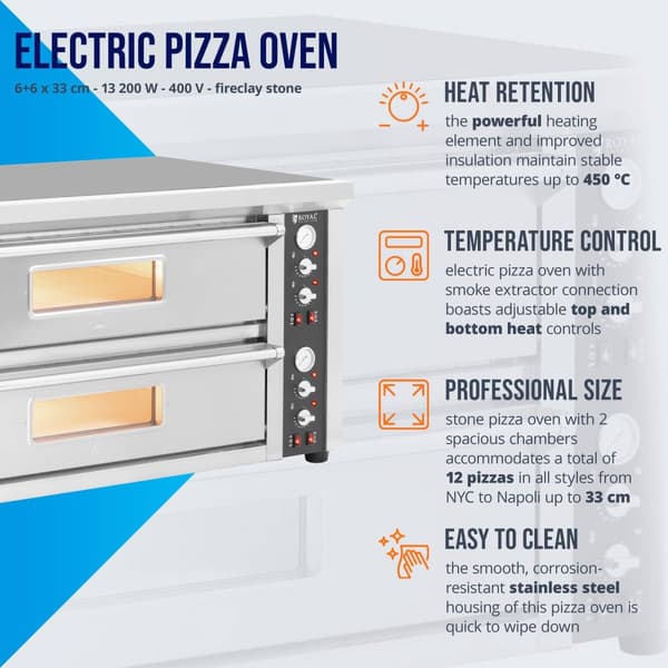 Royal Catering - Elektrisk pizzaugn - 6+6 x 33 cm - 2 kammare - 13 200 W - 400 V - Chamottesten