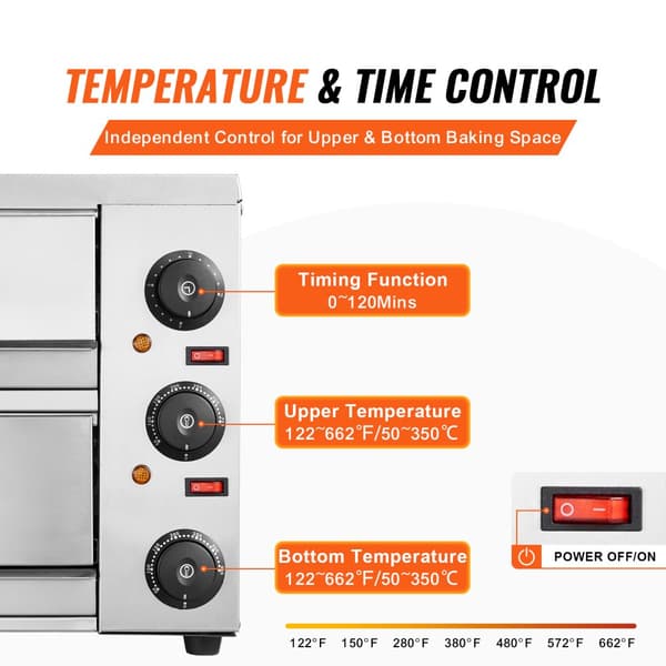 VEVOR Sähköpizza-uuni, 500W Teho, Lämpötila-alue 50-350°C, 120 Minuutin Ajastin