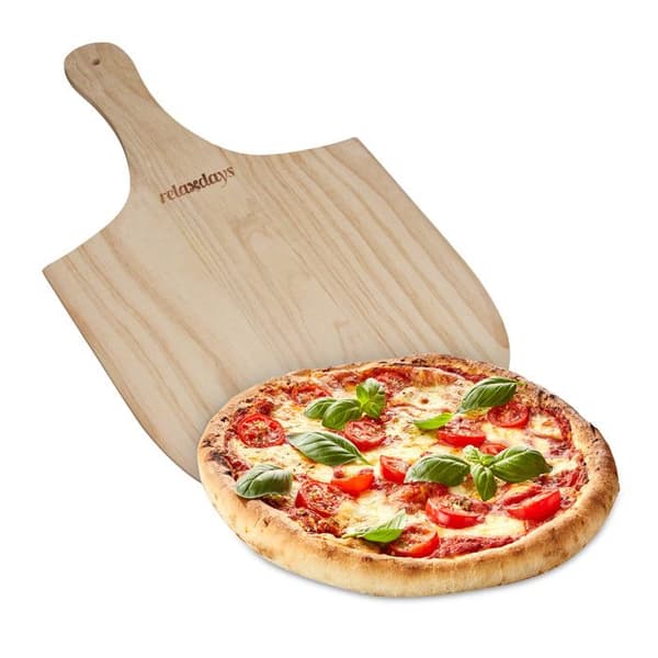 Relaxdays Pizzaspade i trä, praktiskt handtag, för bröd, pizza och flammkuchen, LxB: 30,5x54 cm, natur