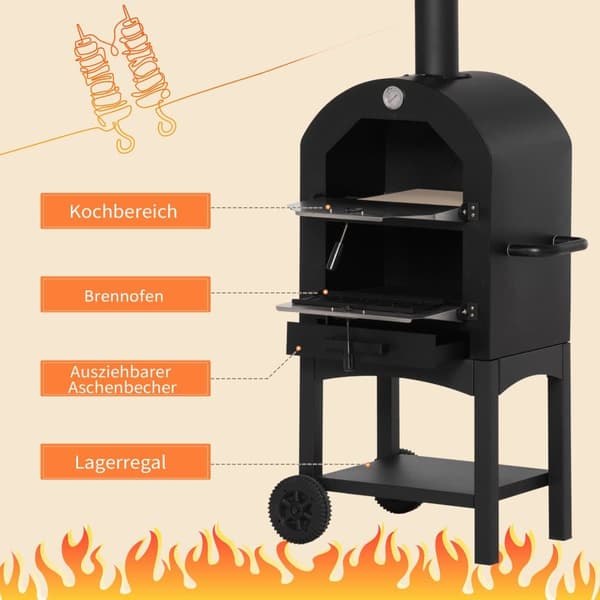 Utomhus Pizzaugn, 2-I-1 med hjul, 63x54x161 cm, Svart