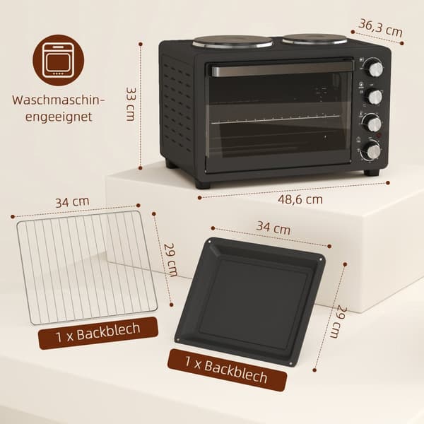 Mini Ovn, 28 L 2600W, 48,6x36,3x33 cm, Sort