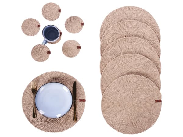 Sett med 12 Bordskånere og Underlag i Naturlig Jute 35/10 cm Håndlaget Boho Style Home Dekor Spisestue Kjøkken