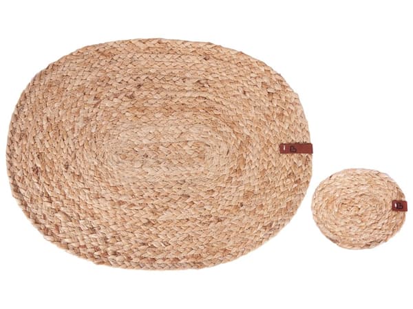 Sett med 12 spisebrikker og glassbrikker Natur Jute 30 x 40/10 x 12 cm Oval form Håndlaget Bohemsk stil Bordtekstiler Spisestue Kjøkken
