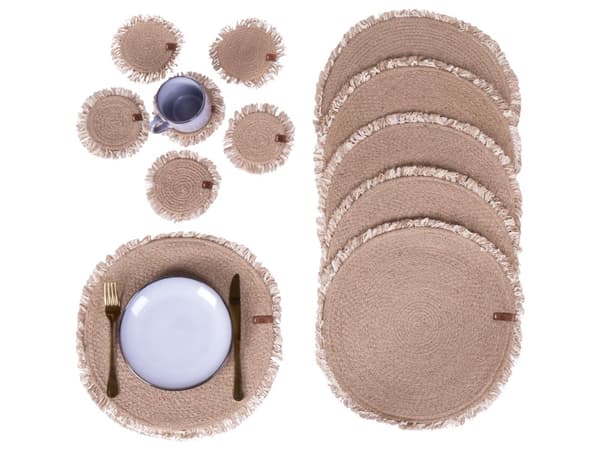 Sæt med 12 dækkeservietter og bordskånere i naturlig jute 35/10 cm Håndlavet boligindretning i boho-stil Spisestue Køkken