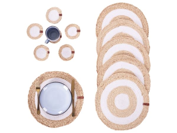 Sæt med 12 dækkeservietter og bordskånere i naturlig jute og bomuld 35/10 cm håndlavede bordskånere til tallerkener og glas boho køkken spisestue